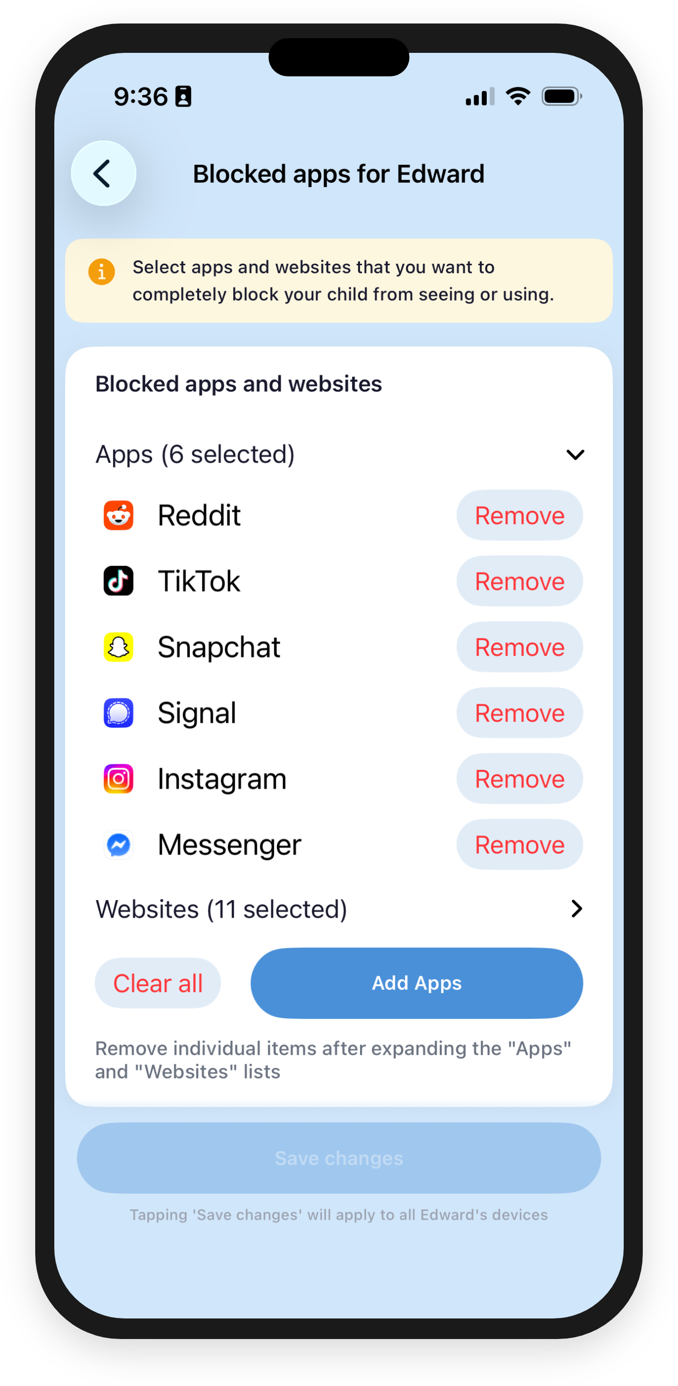 Blocked apps list showing Reddit, TikTok, Snapchat, Instagram and more blocked for a child
