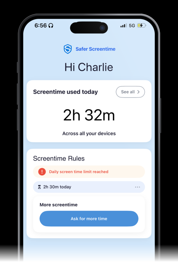 Safer on a child's iPhone: screen time used today, the Screentime Rules card with the daily limit reached, and the Ask for more time button