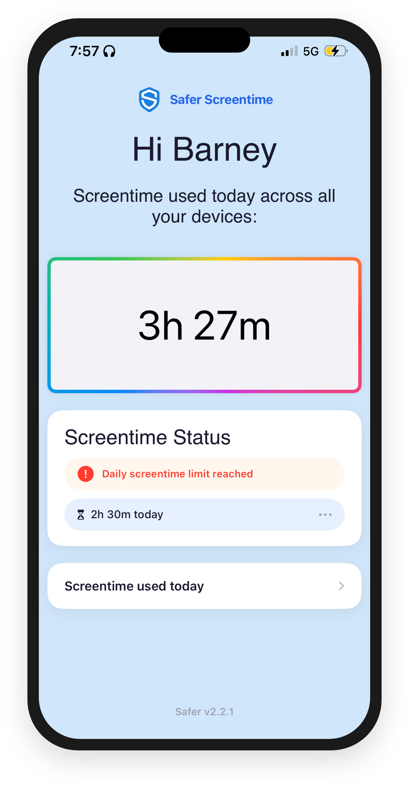 Child's dashboard showing daily screentime limit reached